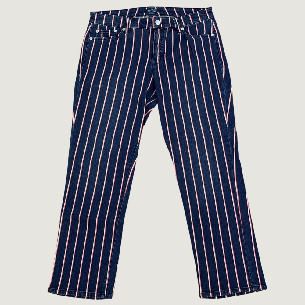 Lauren Ralph Lauren Striped Ankle Jeans Womens 8 Navy Red White Straight Leg
